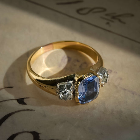 georgian sapphire and diamond three stone ring with yellow gold band