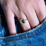 Rare juniper-green and teal sapphire and diamond cluster engagement ring