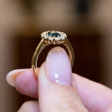 Rare juniper-green and teal sapphire and diamond cluster engagement ring