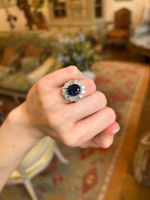 Vintage 1960s large oval 5ct sapphire and diamond cluster ring.