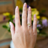 Pale yellow sapphire and diamond cluster engagement ring worn on hand with soft floral background.