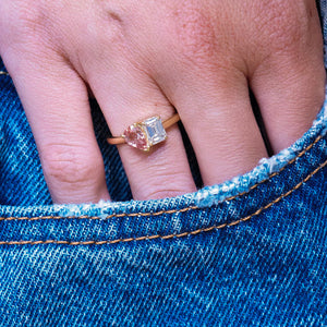 Antique inspired, peach coloured sapphire and diamond Toi et Moi engagement ring