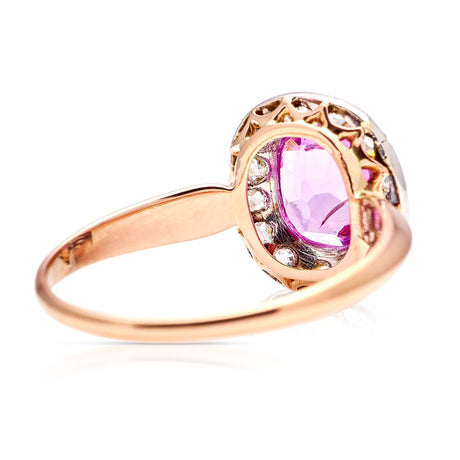 Antique, Edwardian Pink Sapphire and Diamond Cluster Ring, 18ct Yellow Gold