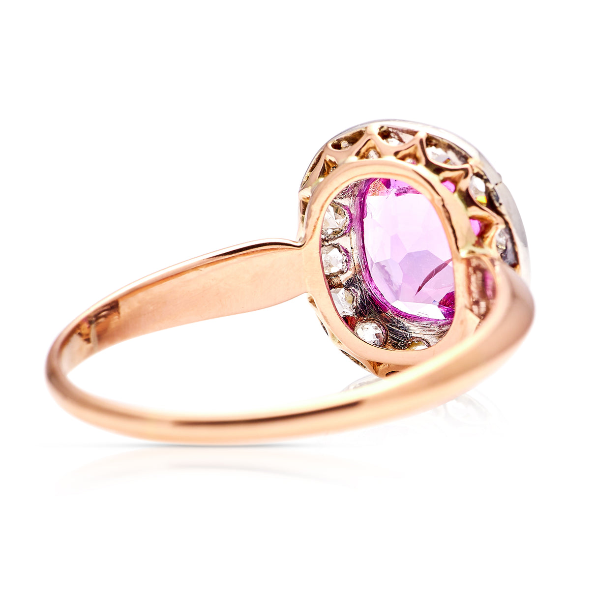 Antique, Edwardian pink sapphire and diamond cluster ring, 18ct yellow gold