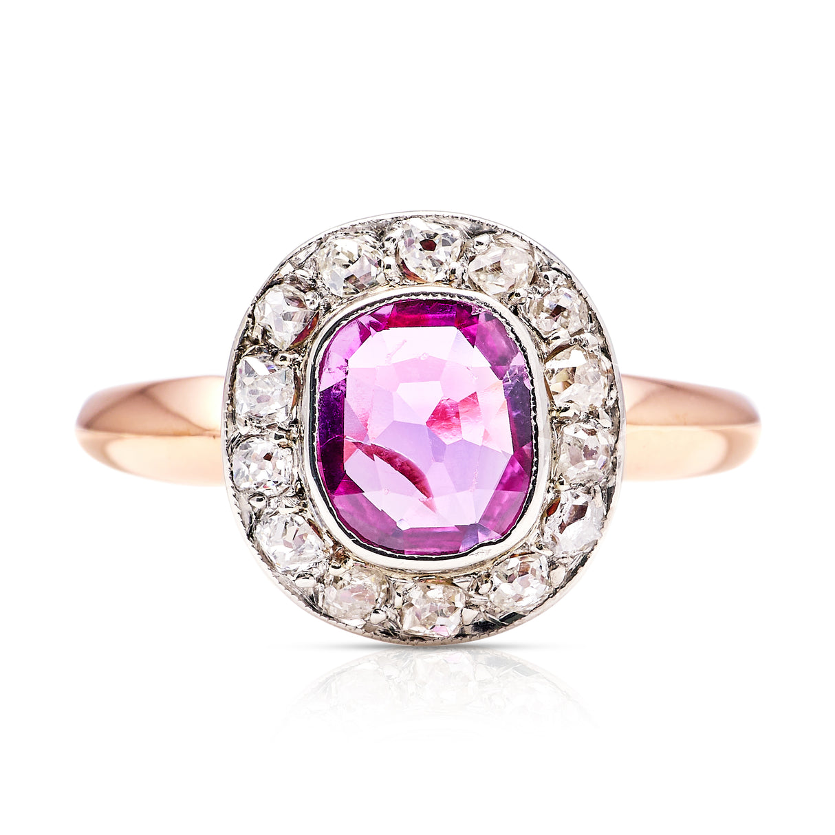 Antique, Edwardian pink sapphire and diamond cluster ring, 18ct yellow gold