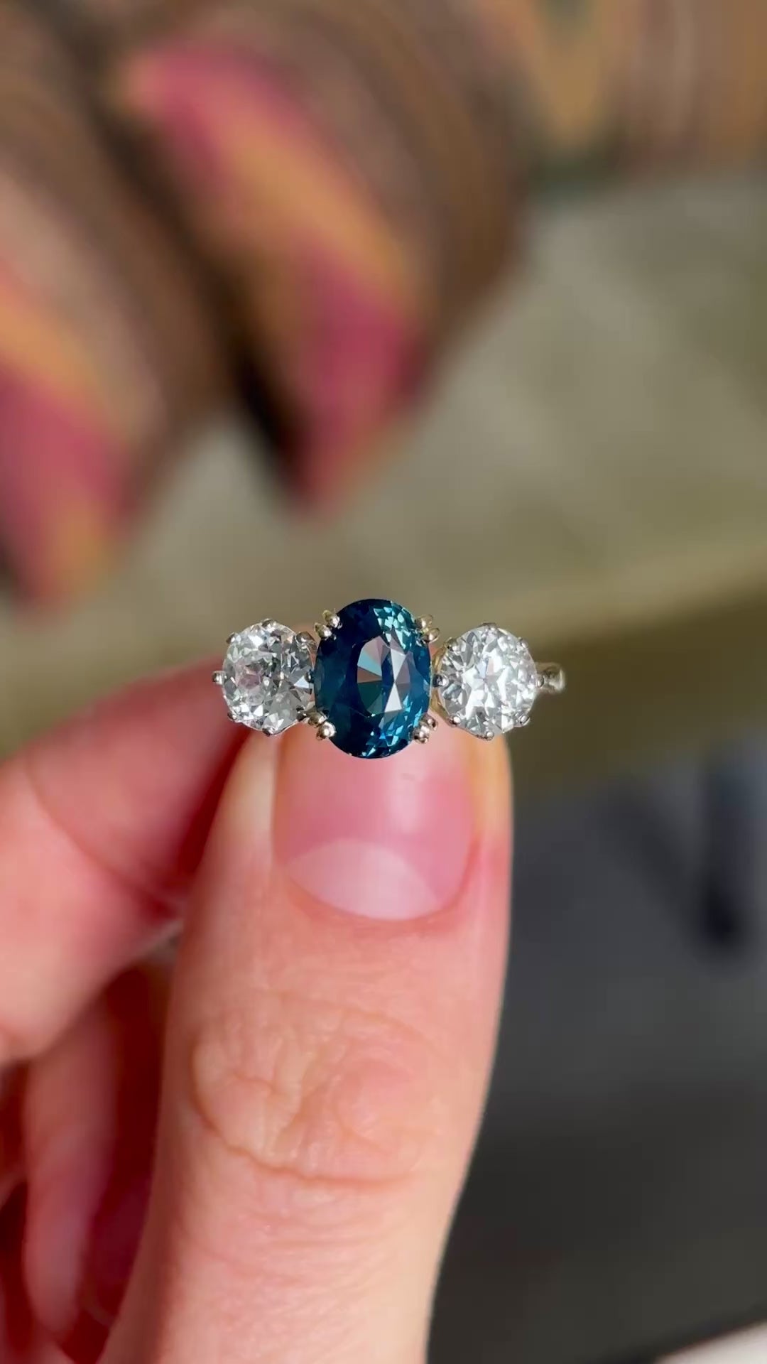 Vintage, 1980s teal sapphire & diamond three-stone ring