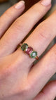 Antique, Edwardian pink tourmaline and green zircon three-stone ring