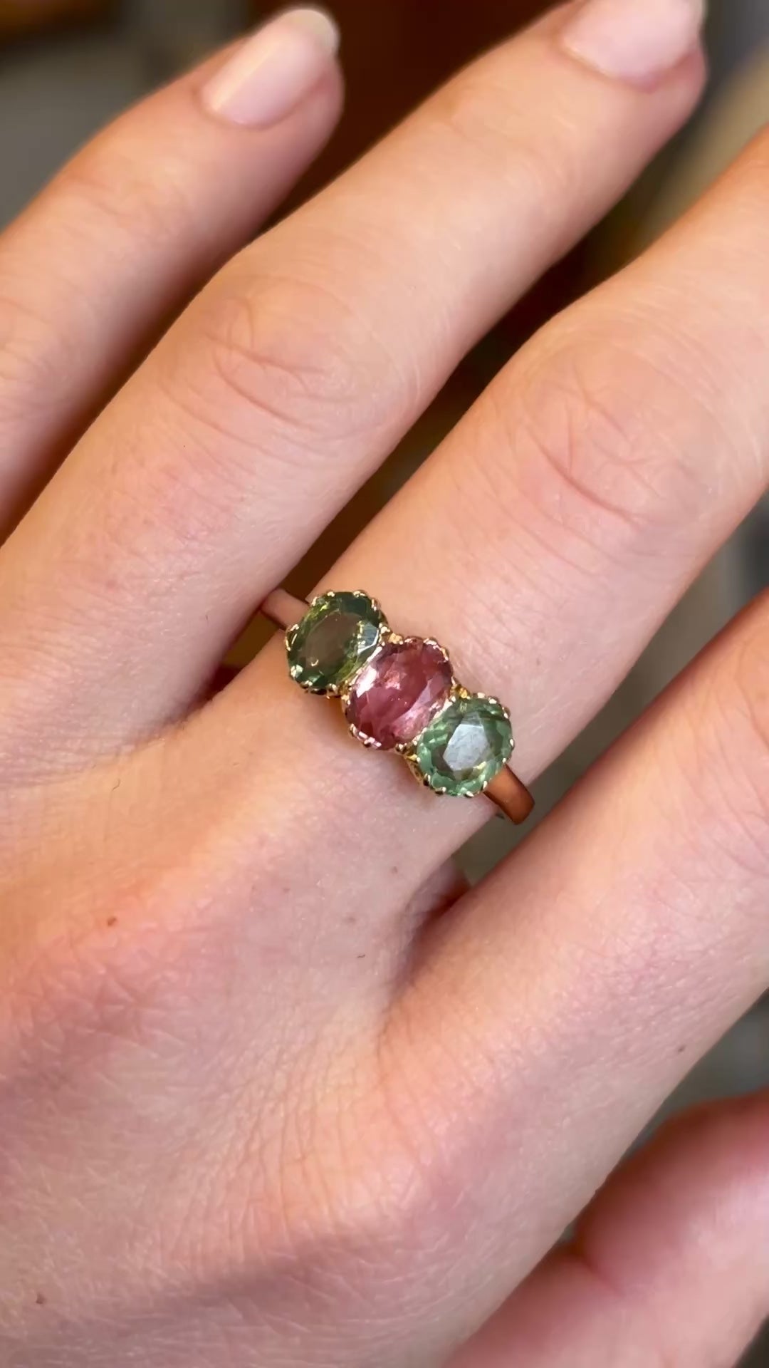 Antique, Edwardian pink tourmaline and green zircon three-stone ring