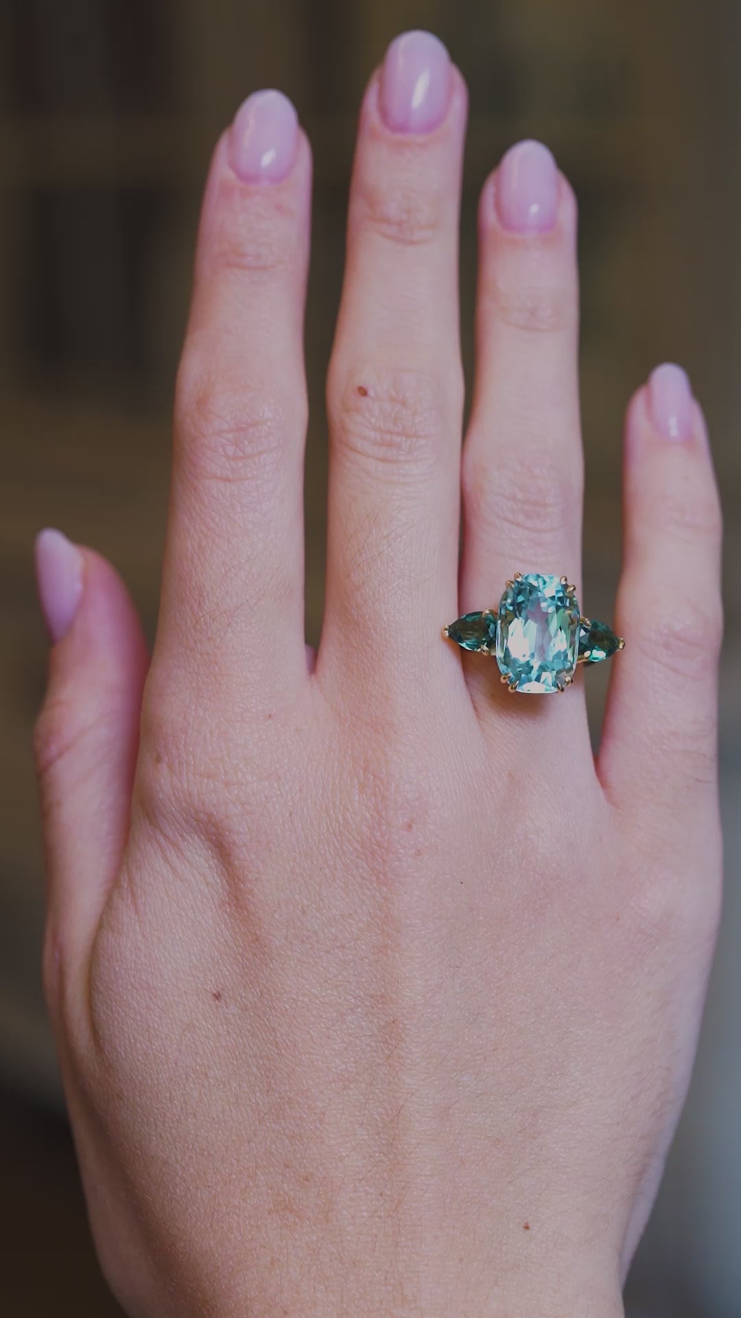 Aquamarine and sea-green tourmaline three-stone cocktail ring
