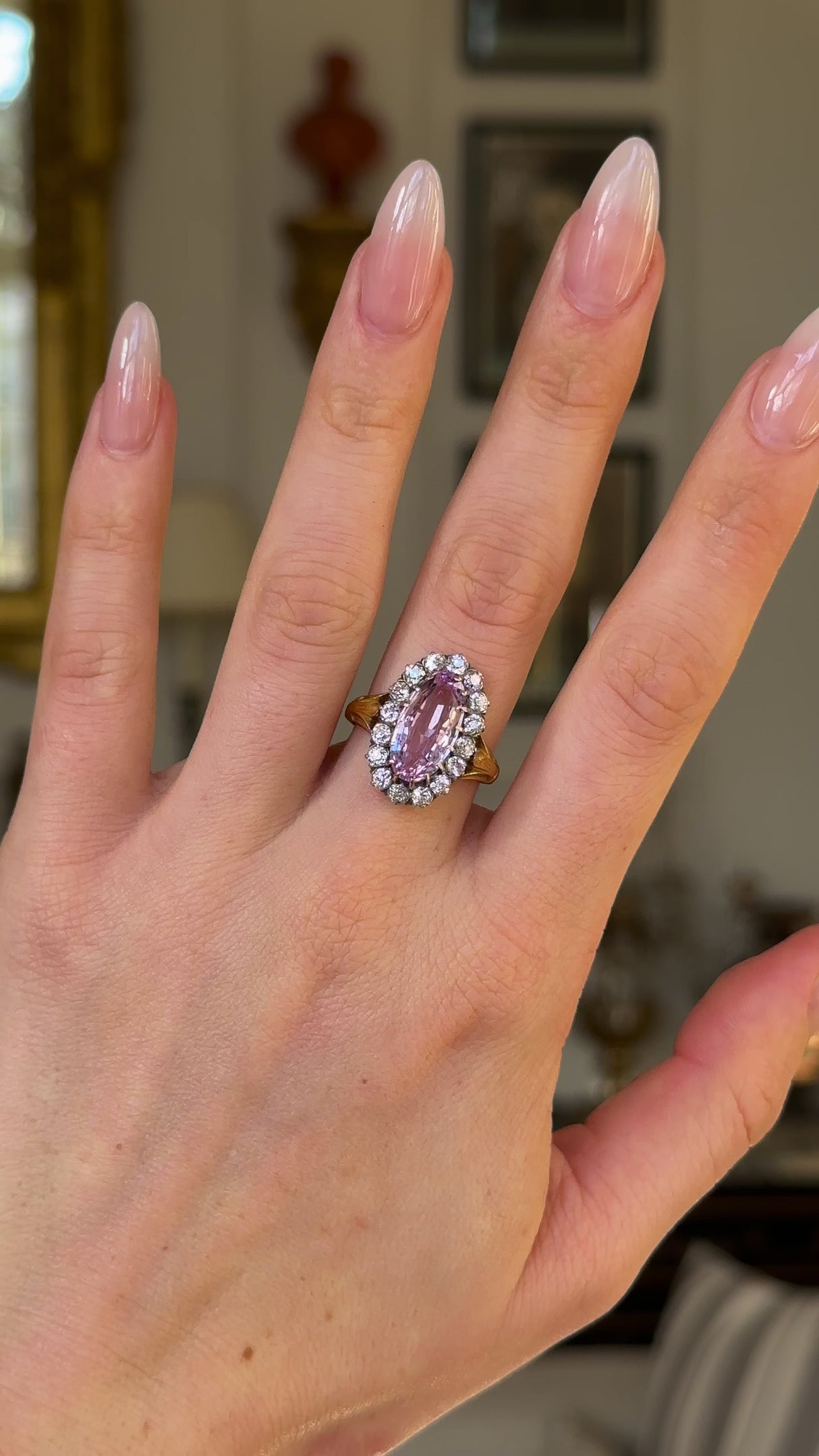 Antique, Belle Époque Pink Topaz and Diamond Cluster Ring, 18ct Yellow Gold worn on hand and moved around to give perspective. 