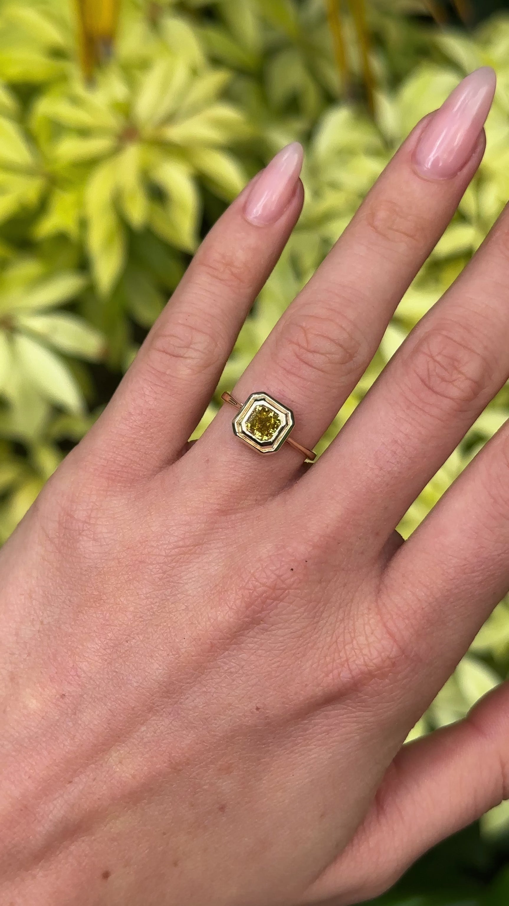 Vintage, Solitaire Yellow Diamond Ring, 14ct Yellow and White Gold worn on hand.