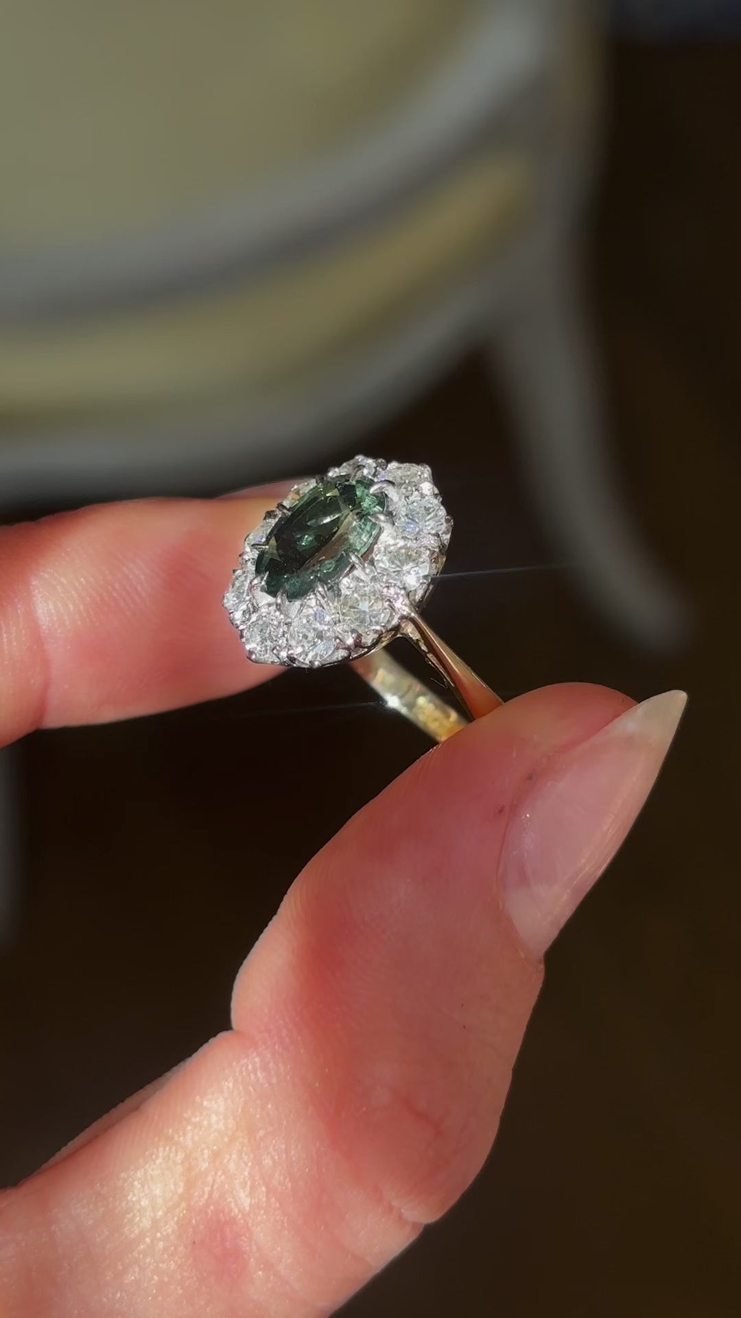 Vintage, 1940s green sapphire & diamond cluster ring