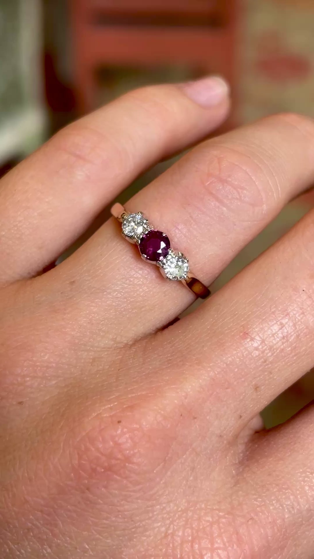 Vintage, 1980s ruby & diamond three-stone ring