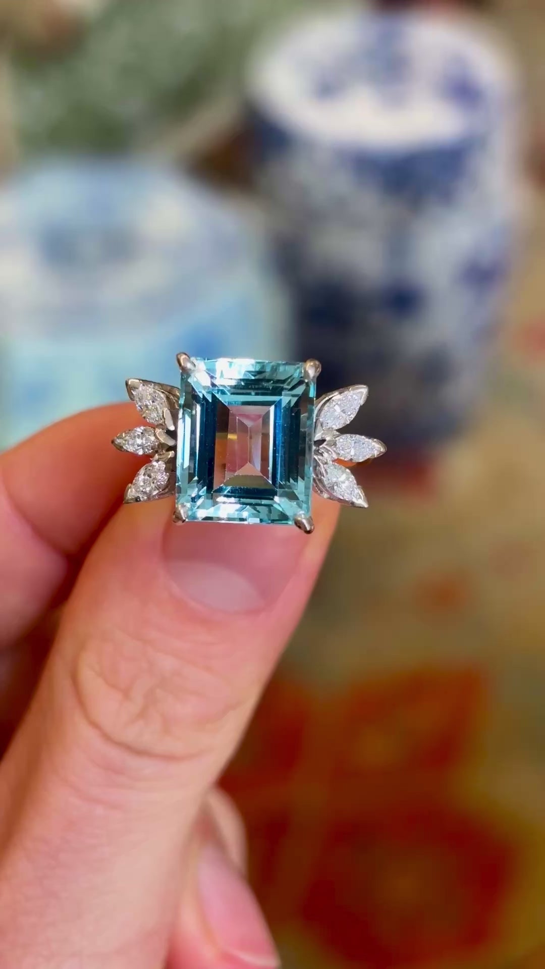 Vintage, 6.30ct aquamarine & diamond cluster ring