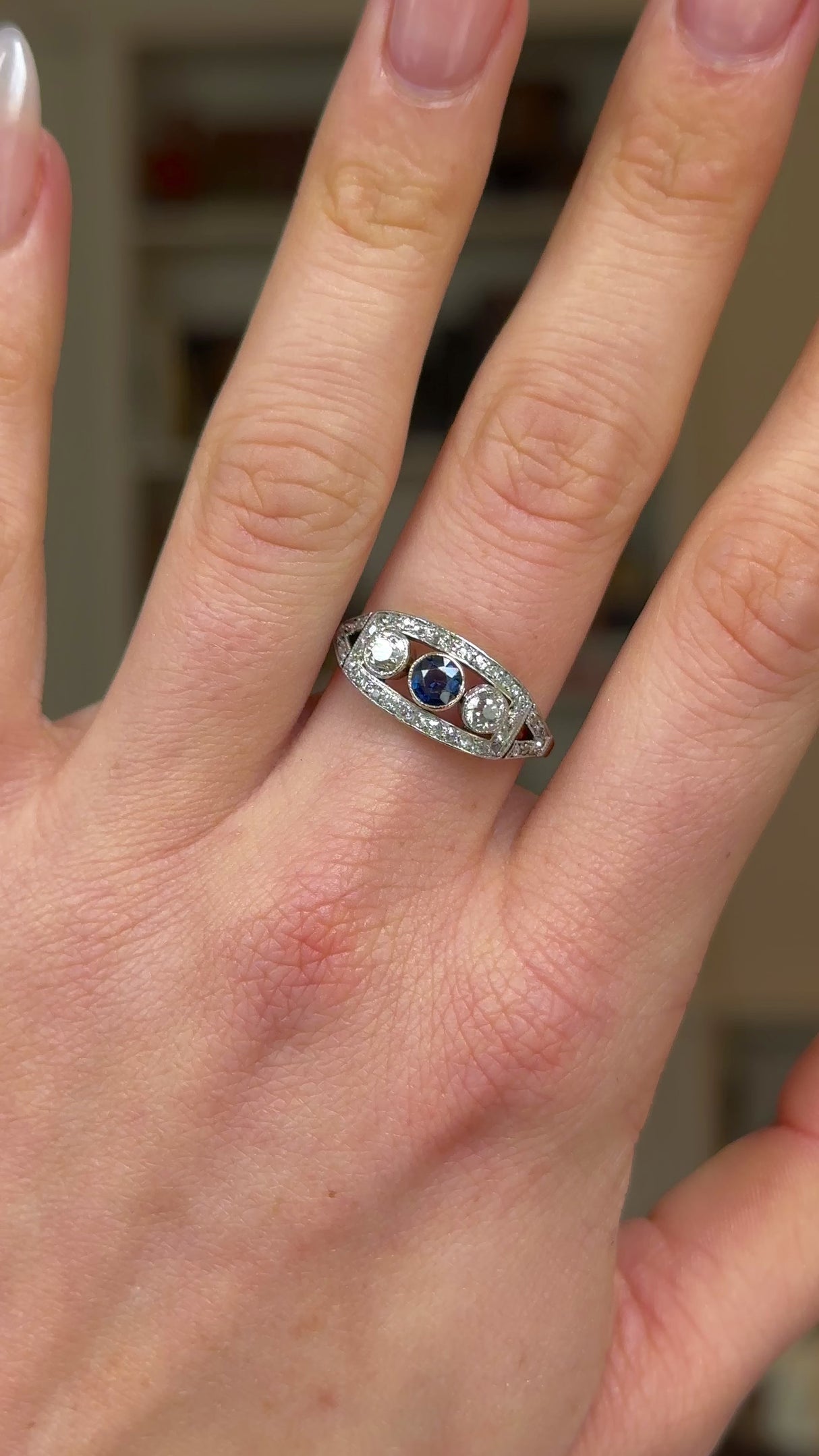 Antique, Belle Époque Sapphire and Diamond Three Stone Ring, 18ct Yellow Gold and Platinum worn on hand and rotated to give perspective.