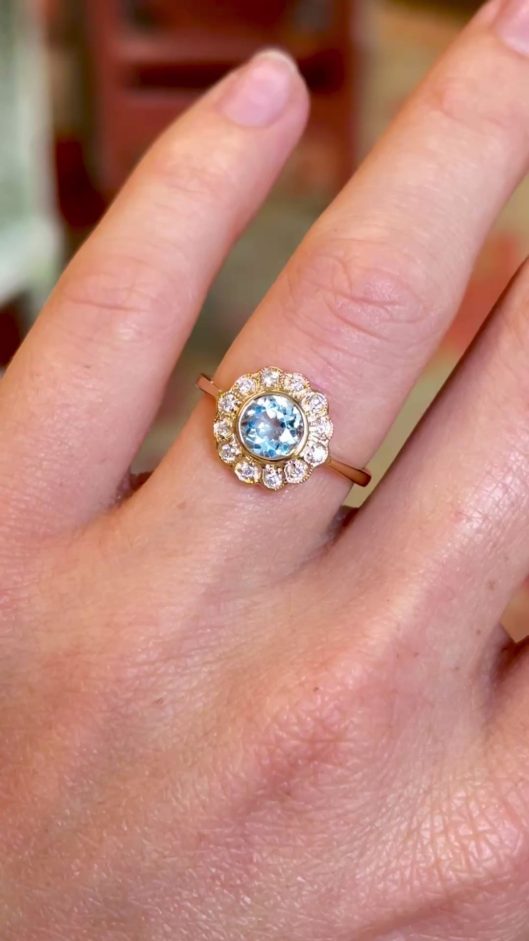 Vintage sky-blue topaz & diamond cluster ring