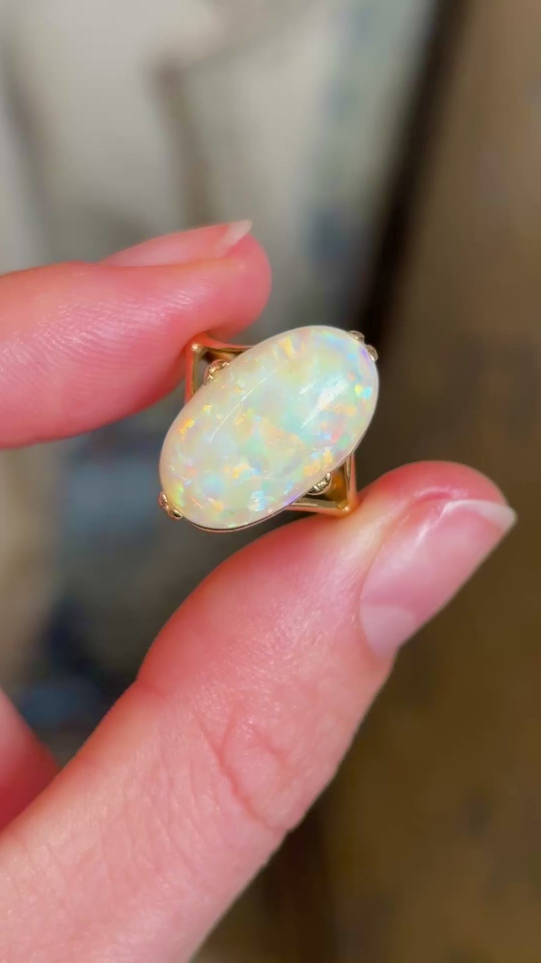 Vintage, cabochon-cut white opal ring