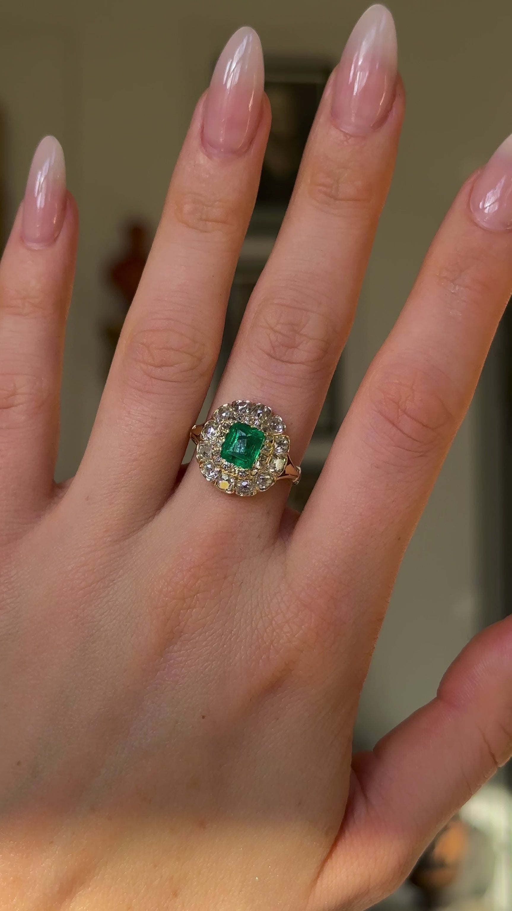 Antique, Victorian Emerald and Diamond Cluster Ring, 18ct Yellow Gold worn on hand and rotated to give perspective.