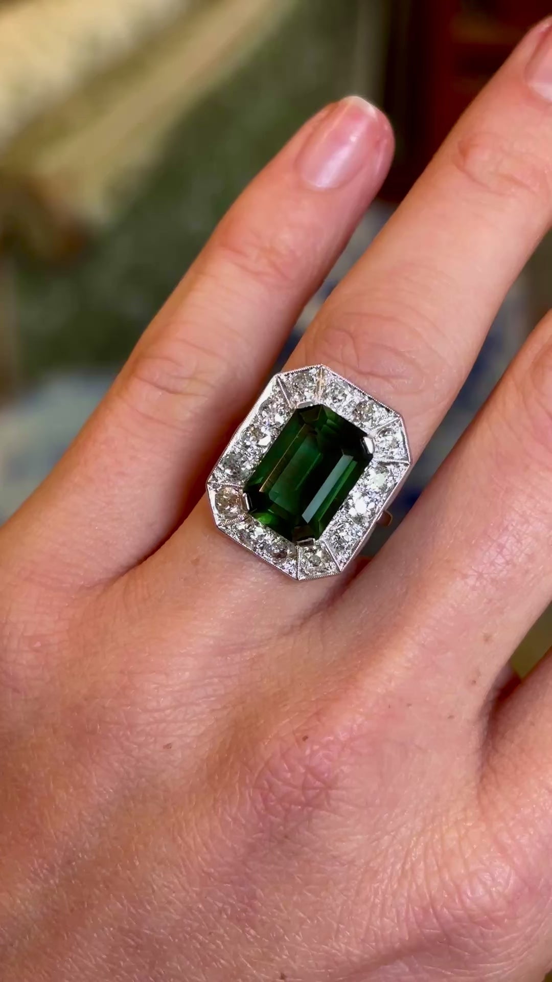 Vintage, Art Deco 5ct chrome green tourmaline & diamond cocktail ring