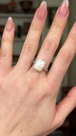 Vintage, Art Deco Cabochon Opal and Diamond Ring, Platinum worn on hand and rotated