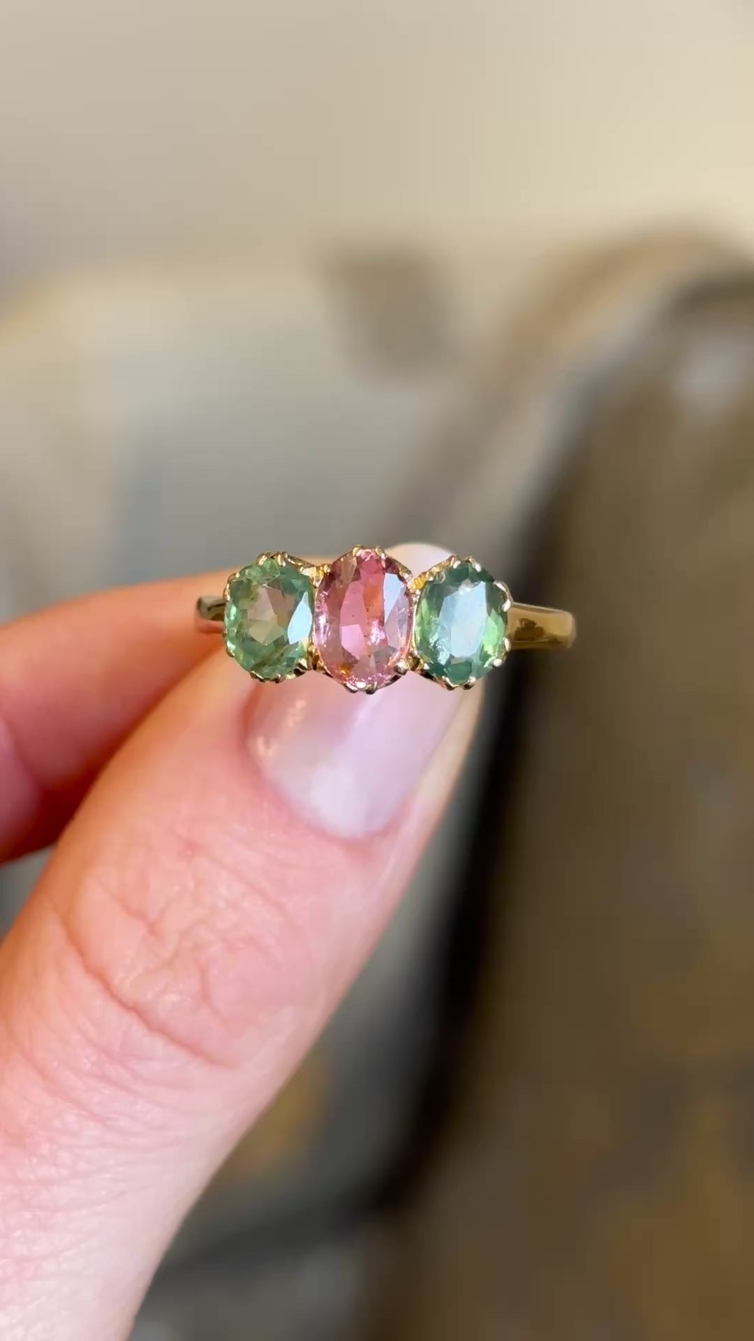 Antique, Edwardian pink tourmaline and green zircon three-stone ring