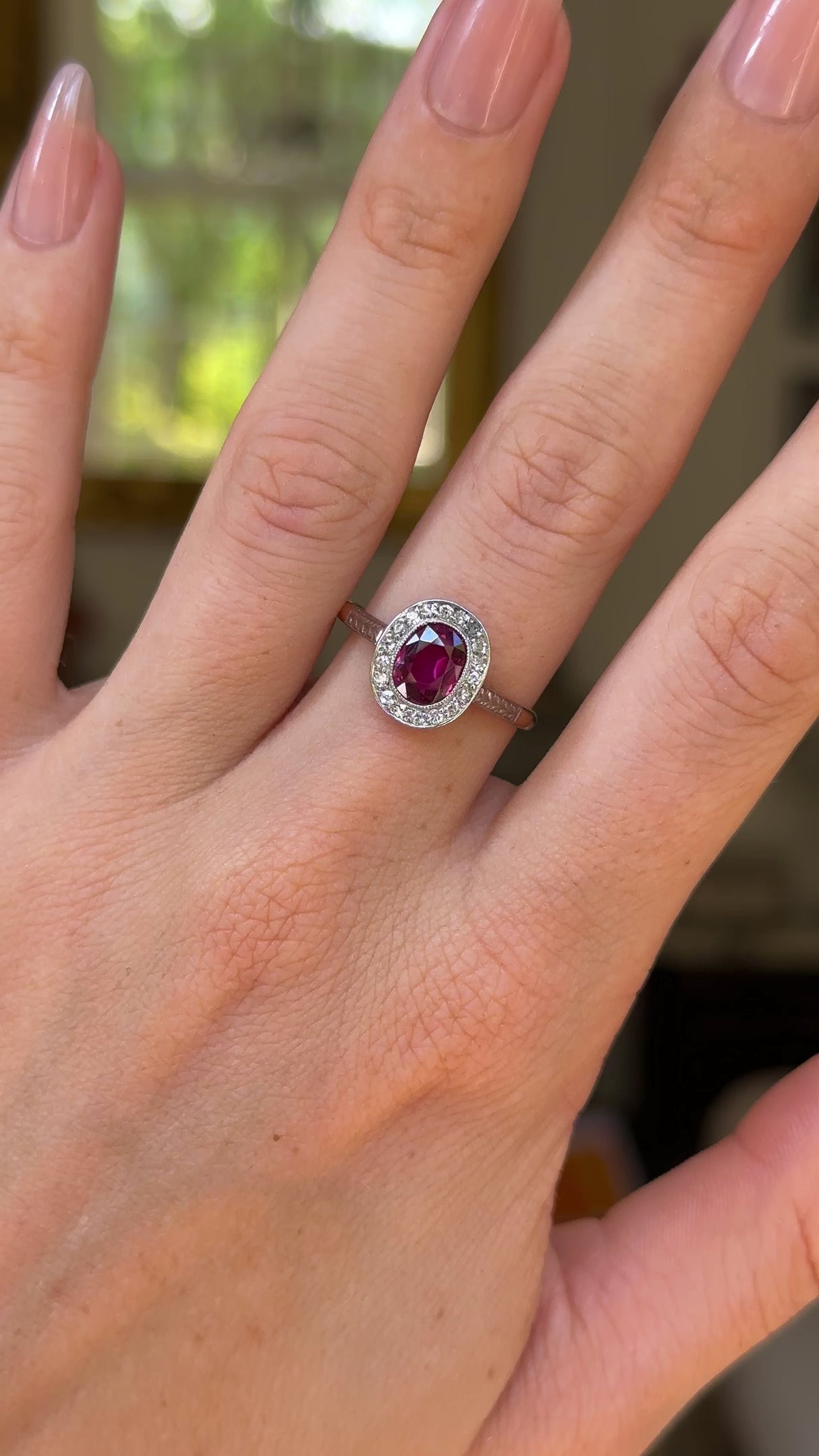 1920s, Oval Ruby and Diamond Cluster Engagement Ring, 18ct Yellow Gold