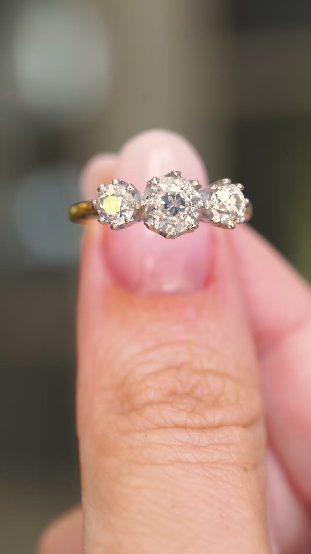 Antique, Edwardian old-cut diamond three-stone engagement ring