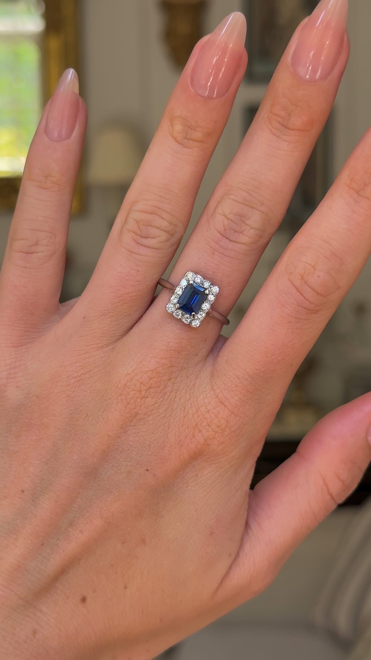 Antique, Art Deco, Emerald-cut Blue Sapphire and Diamond Cluster Ring, Platinum