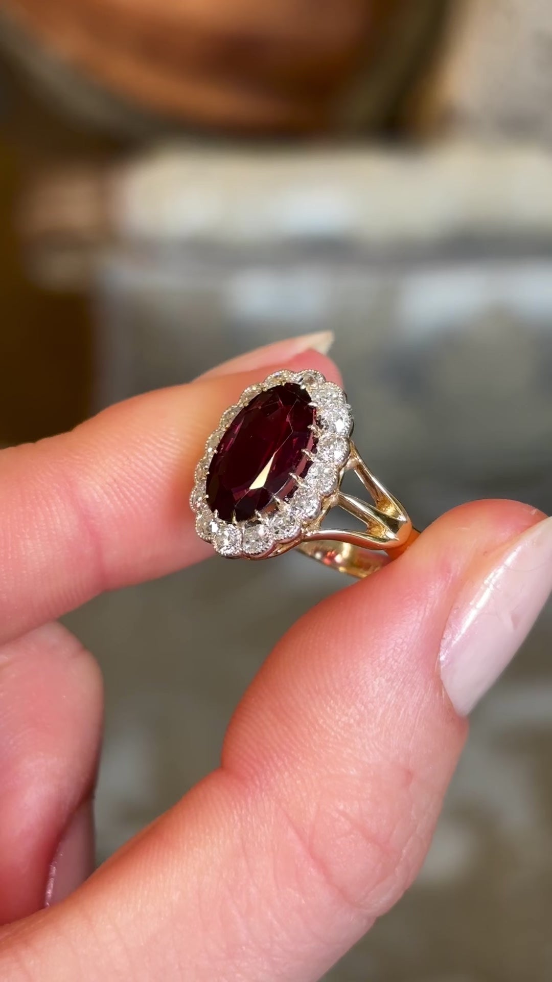 Antique, Edwardian red spinel and diamond engagement cluster ring
