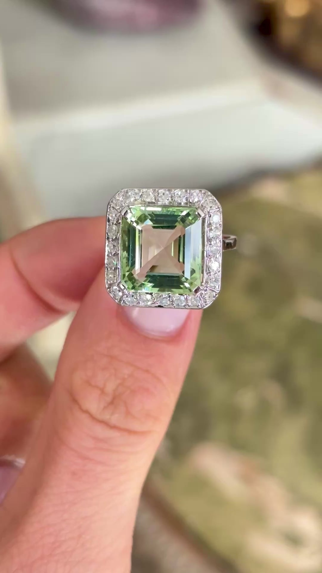 Vintage, Art Deco green beryl and diamond square cluster ring