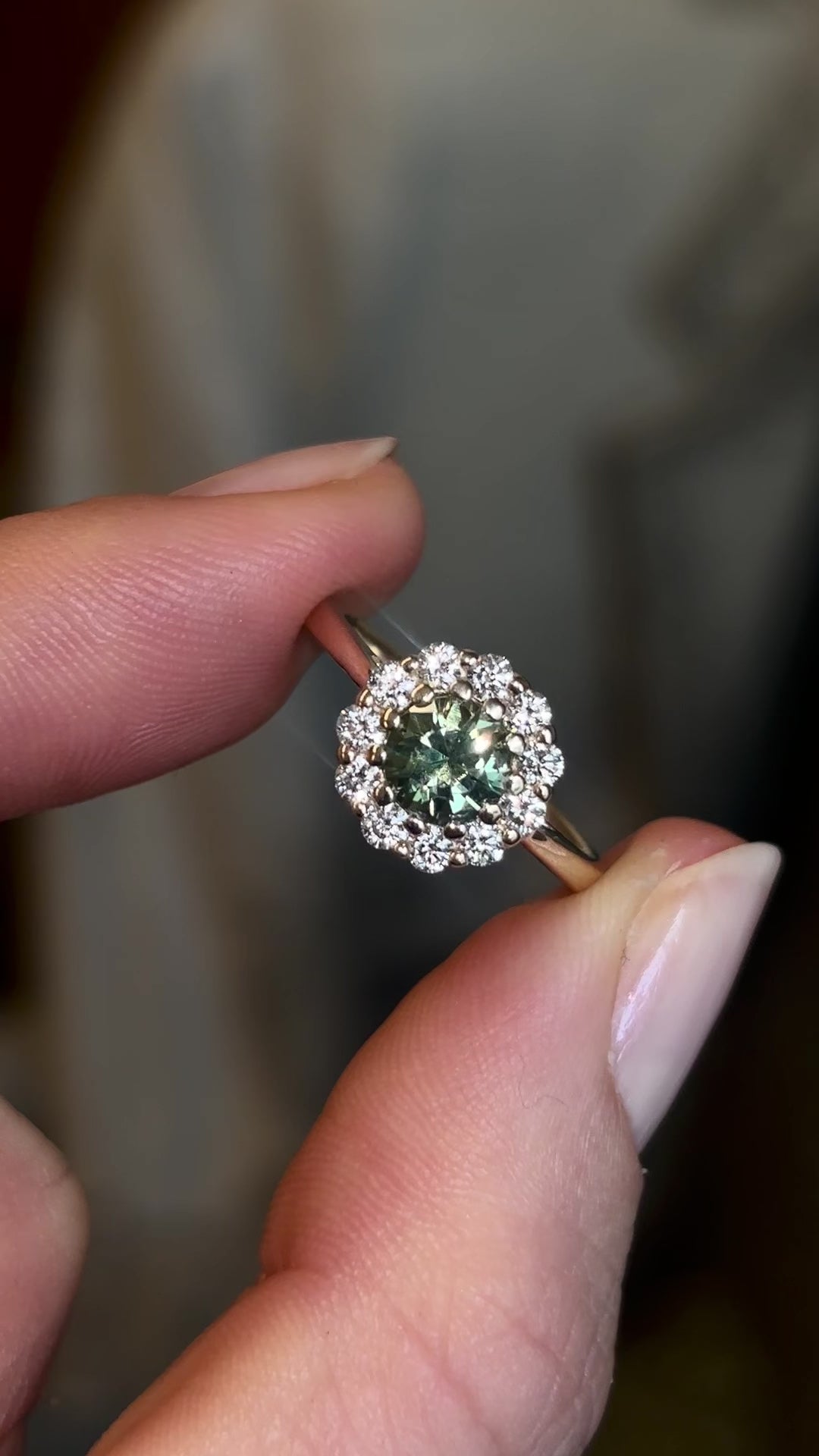 Green sapphire & diamond cluster ring