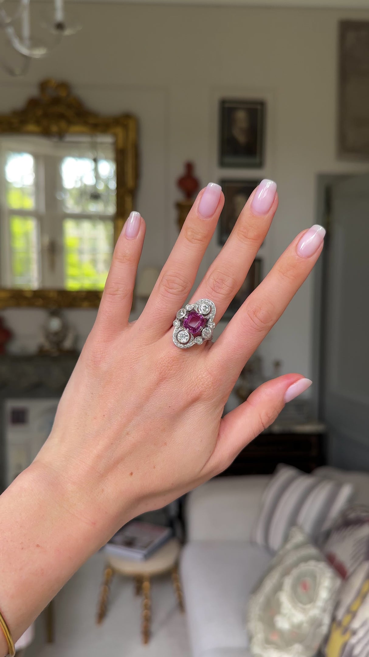 Art Deco, French, platinum, pink sapphire & diamond ring