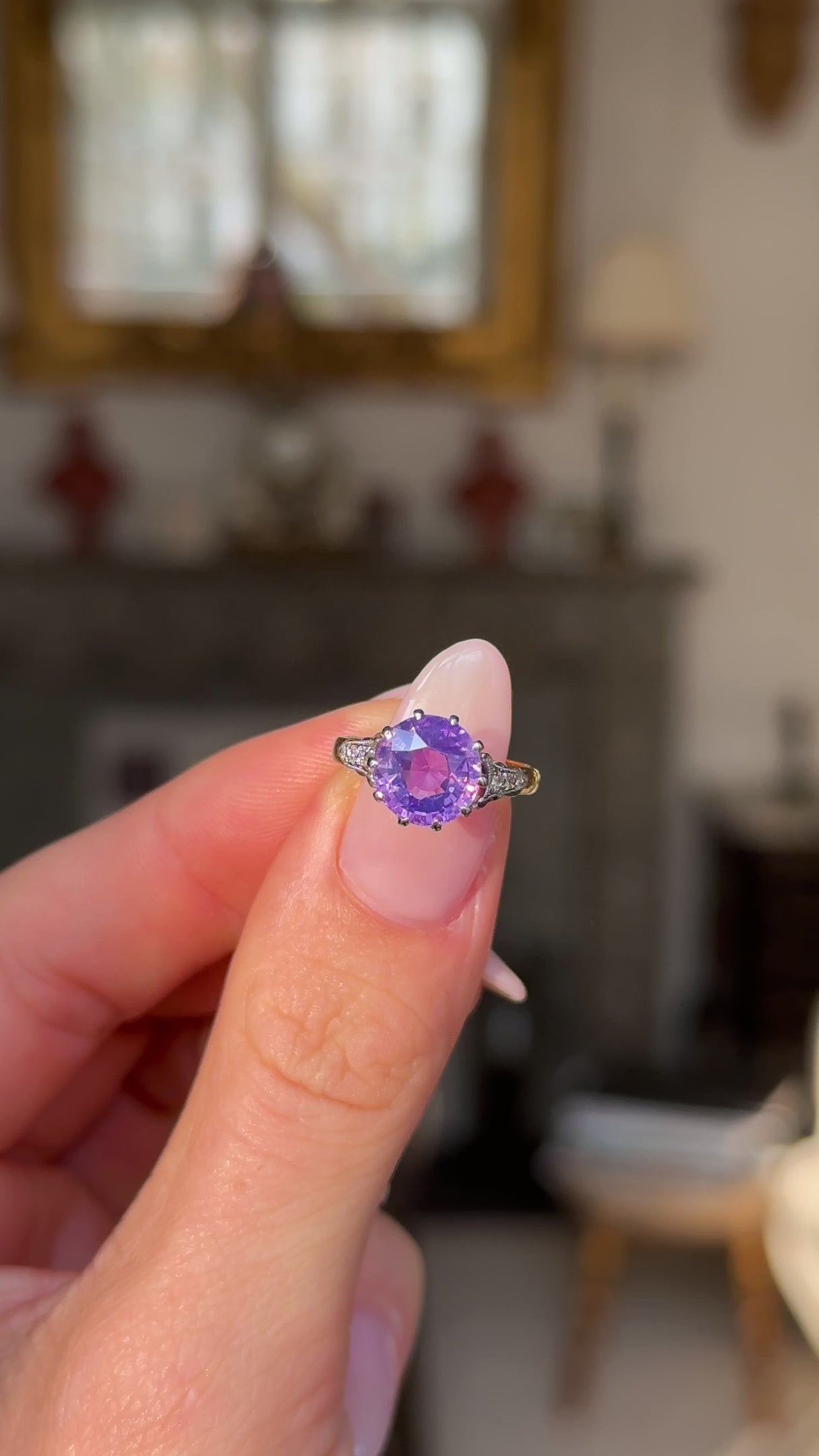 Hazy lilac sapphire and diamond ring, 18ct yellow gold and platinum