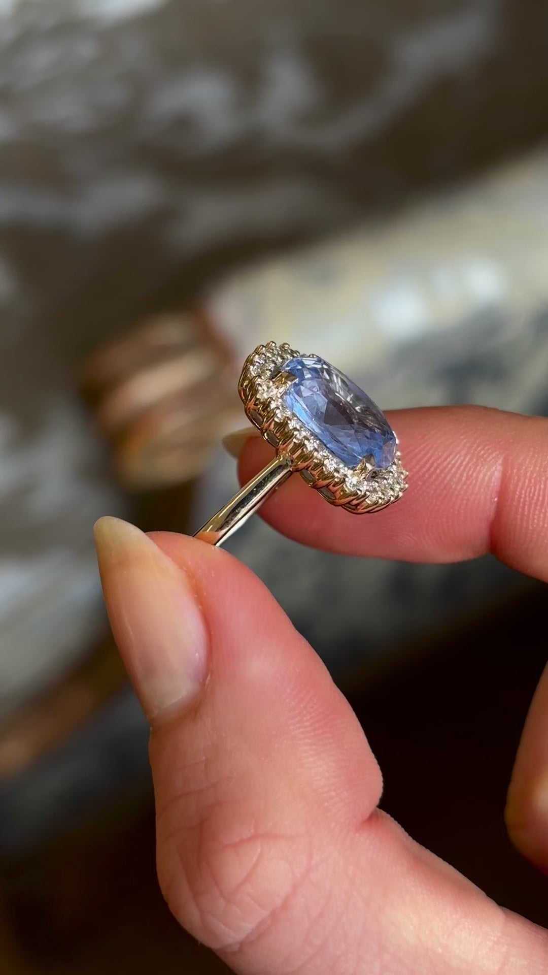 Blue Sapphire and Diamond Cluster Engagement Ring