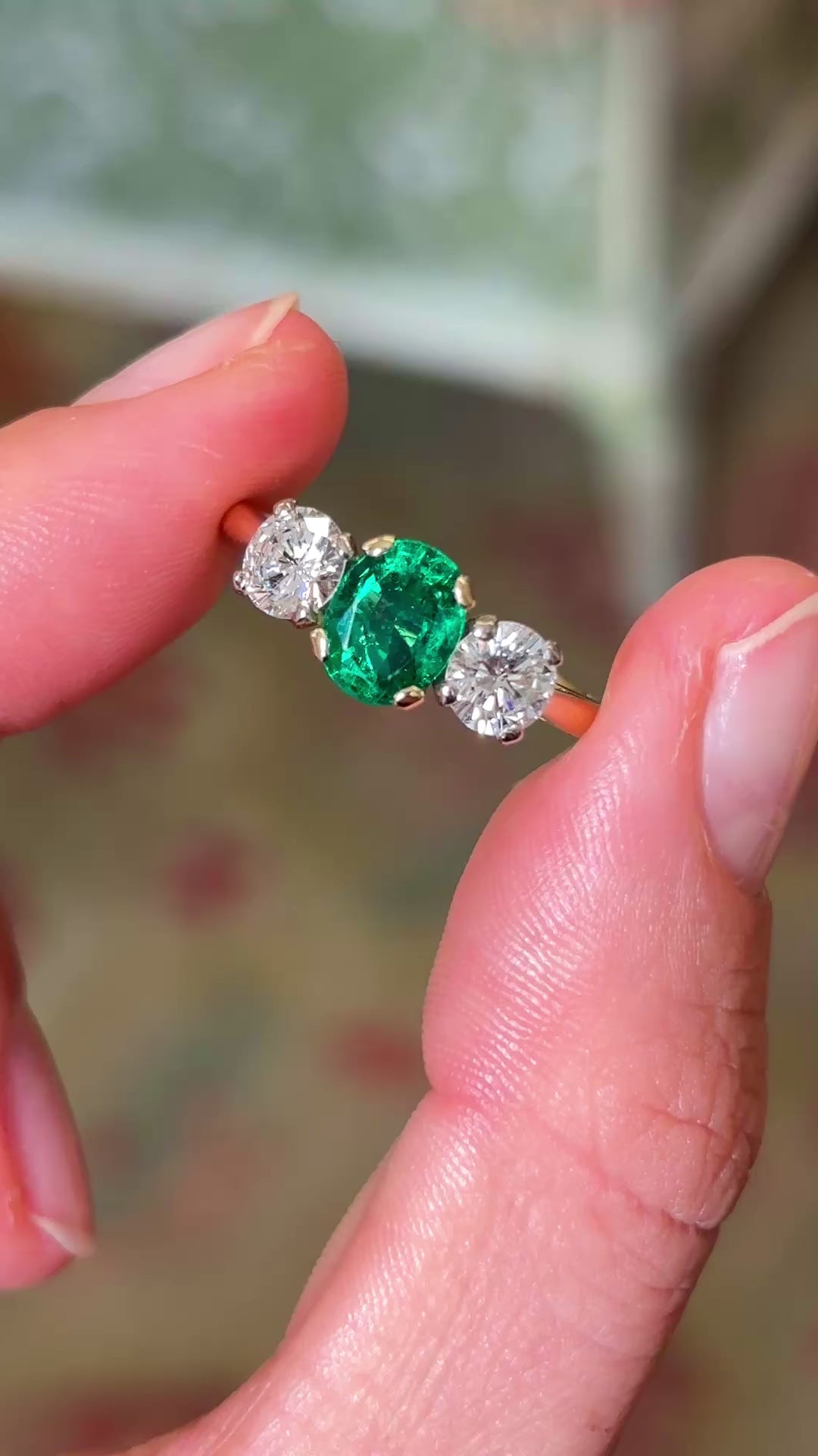 Vintage, 1970s emerald & diamond three-stone ring