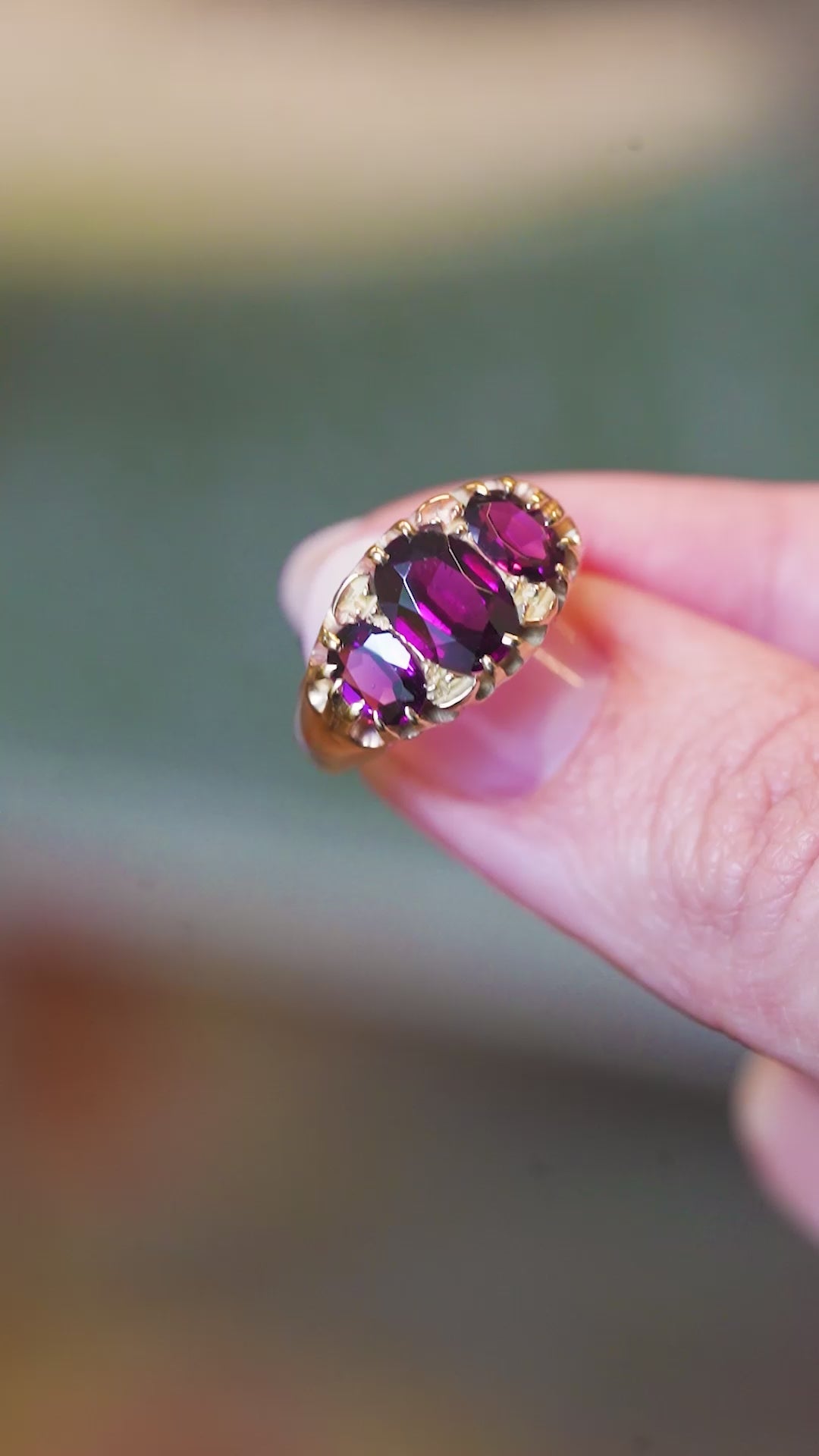 Antique, Victorian rhodolite garnet three-stone ring
