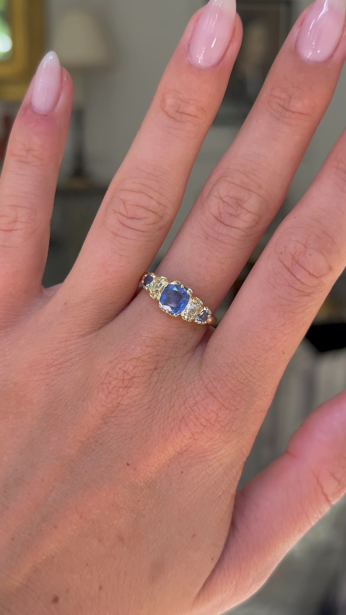 Antique, ceylon sapphire and diamond half hoop ring