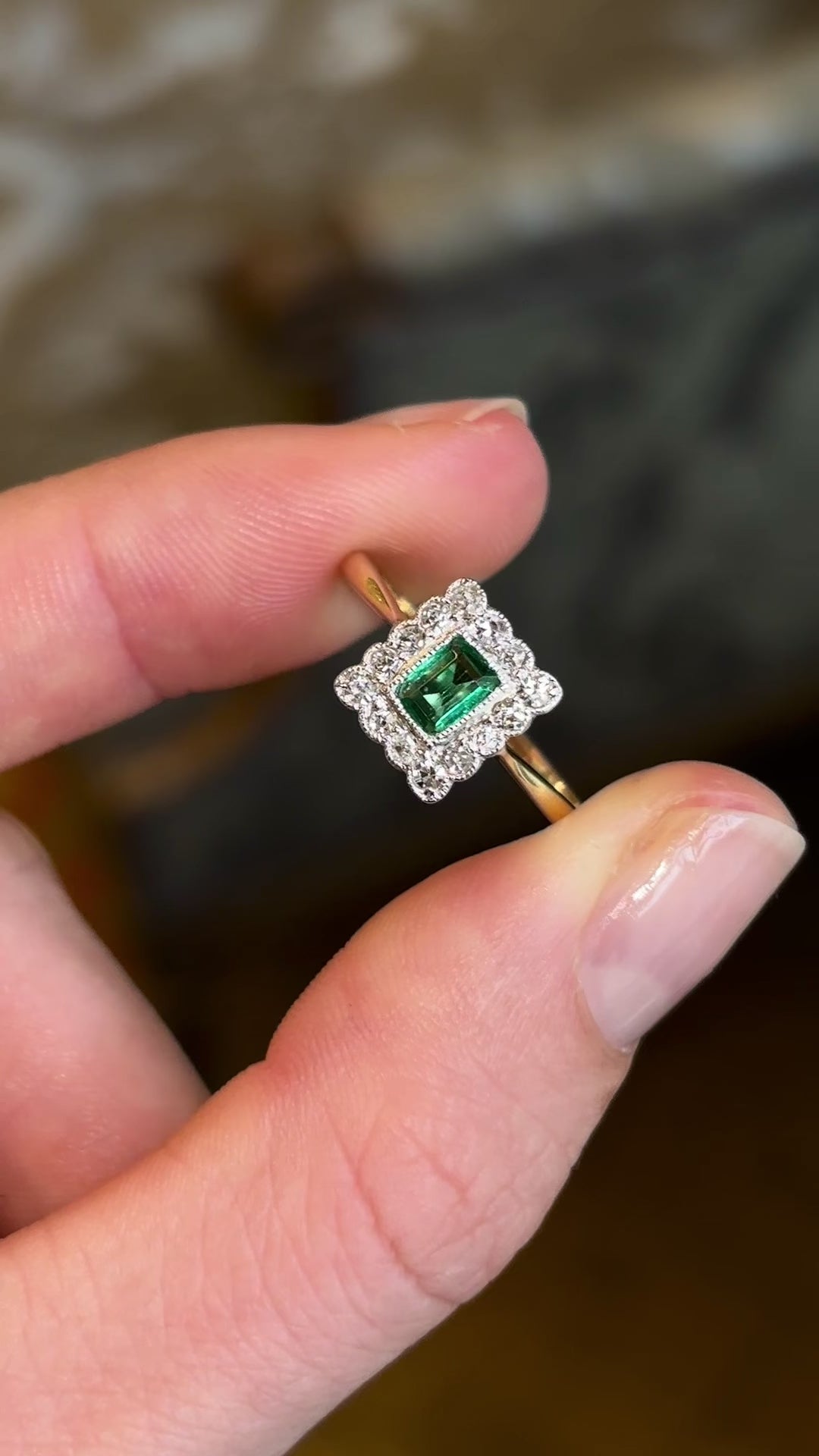 Antique, Edwardian emerald & diamond cluster engagement ring