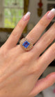 Vintage ceylon sapphire and diamond ring worn on hand and moved around to give perspective. 