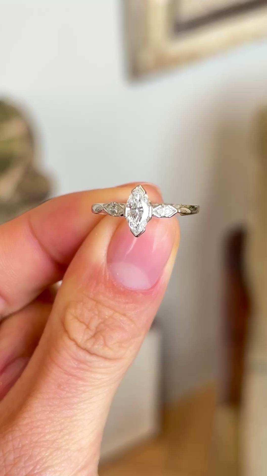 Vintage, 1950s marquise-cut diamond three-stone ring