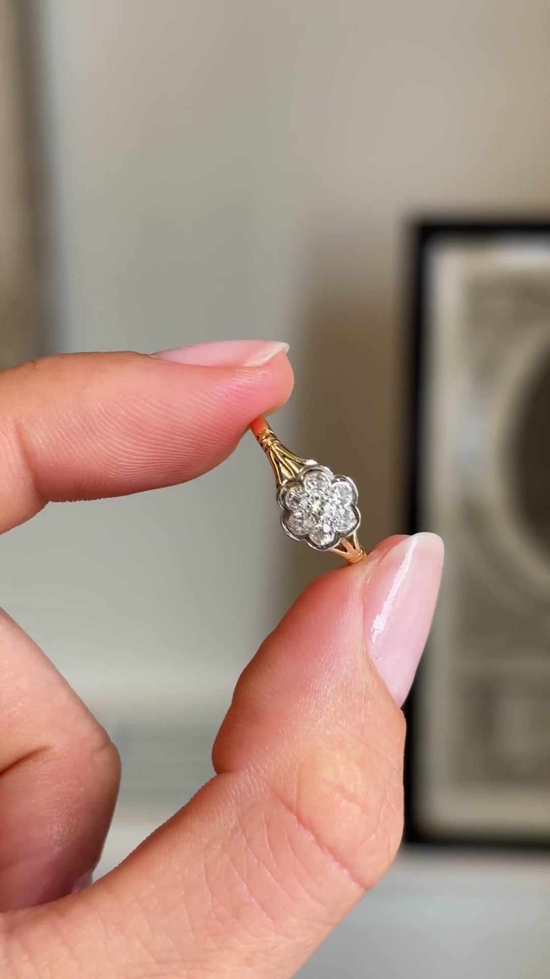 Detailed video of an antique Edwardian old-cut diamond daisy cluster ring held between fingers, displaying the antique craftsmanship and sparkling floral diamond cluster.