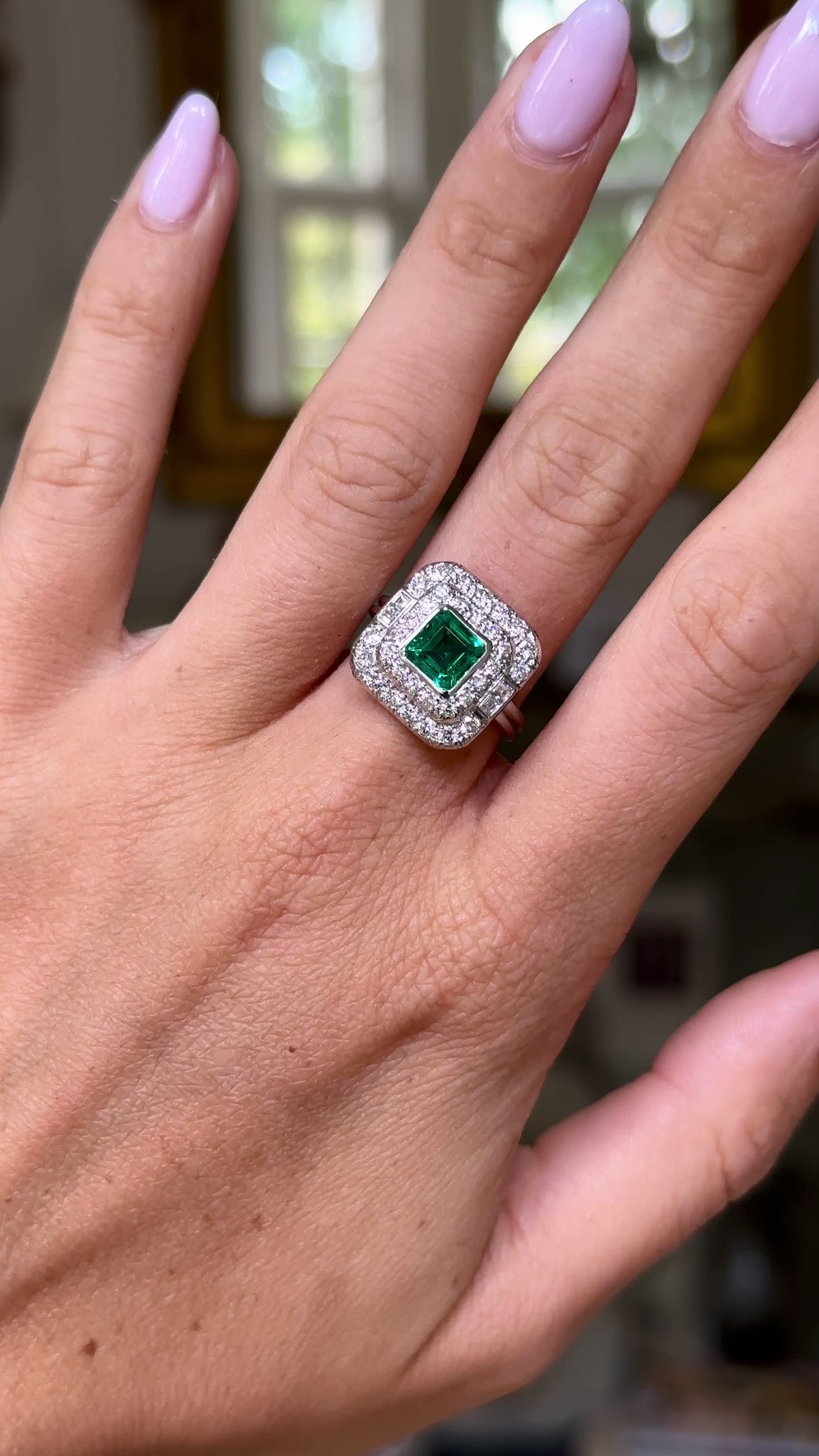 Art Deco, square-cut Colombian emerald & diamond cluster ring