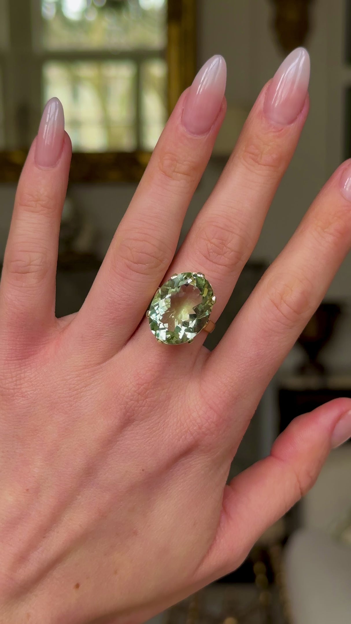 Vintage, Mint Quartz Cocktail Ring worn on hand and moved around to give perspective.