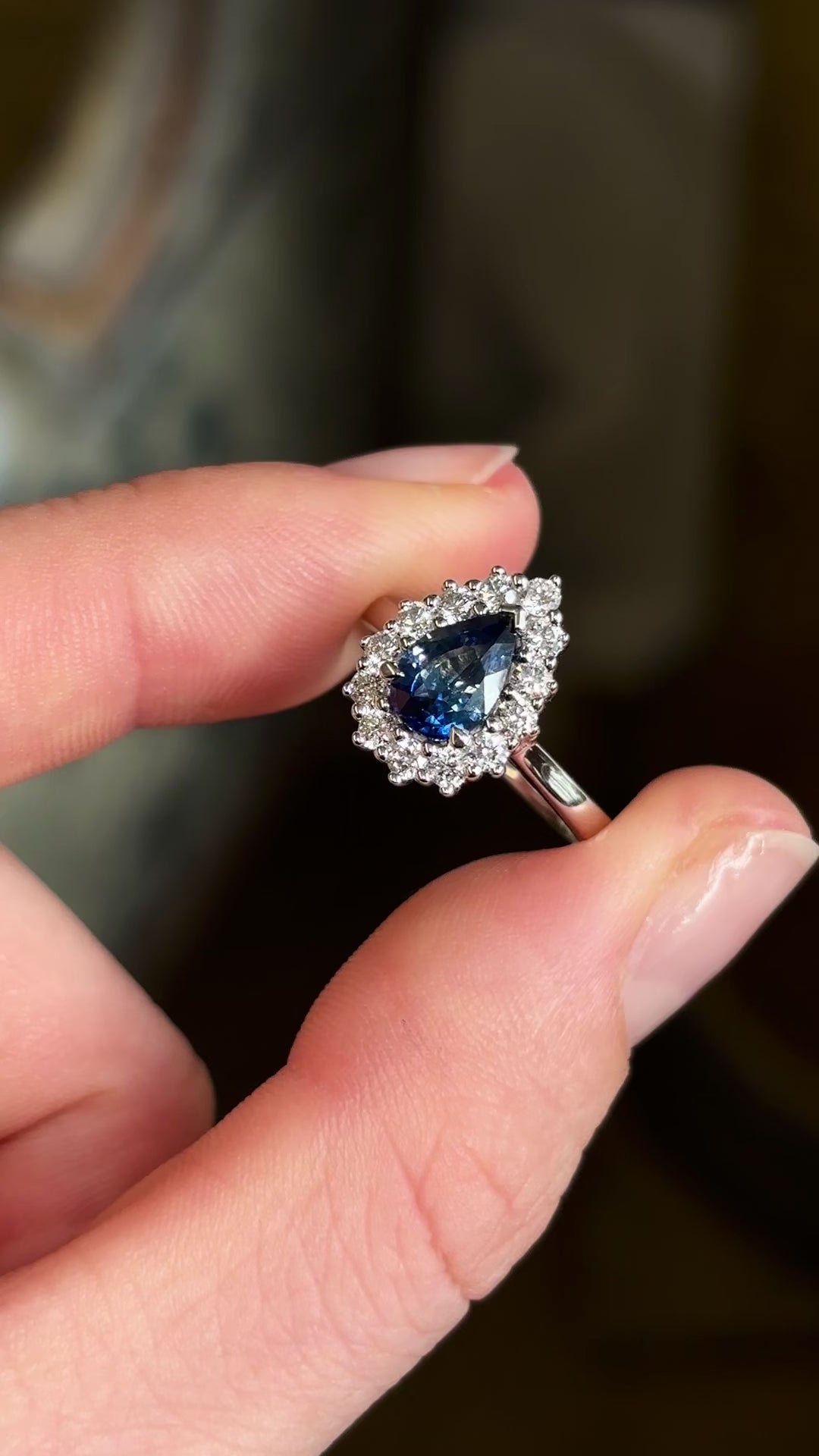 Pear-cut sapphire & diamond cluster ring