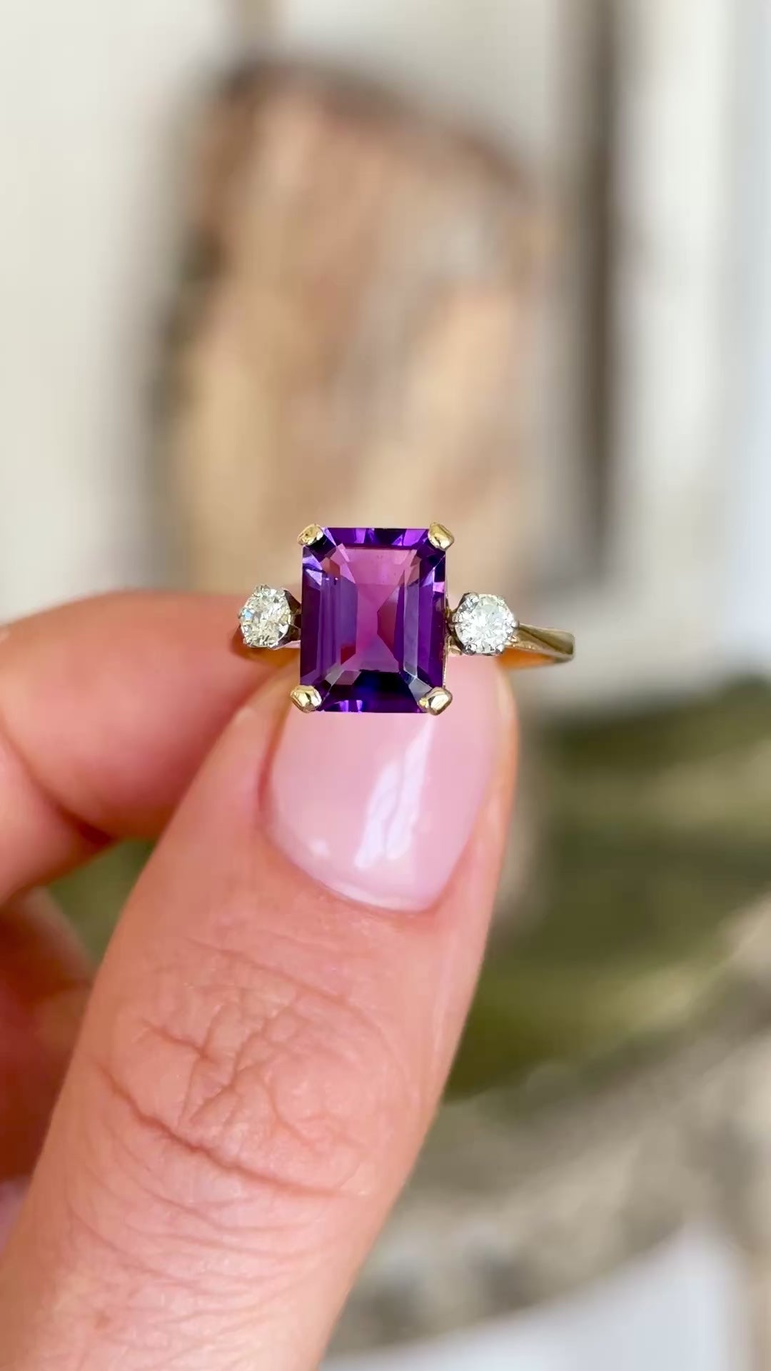 Vintage, 1950s amethyst & diamond three-stone ring