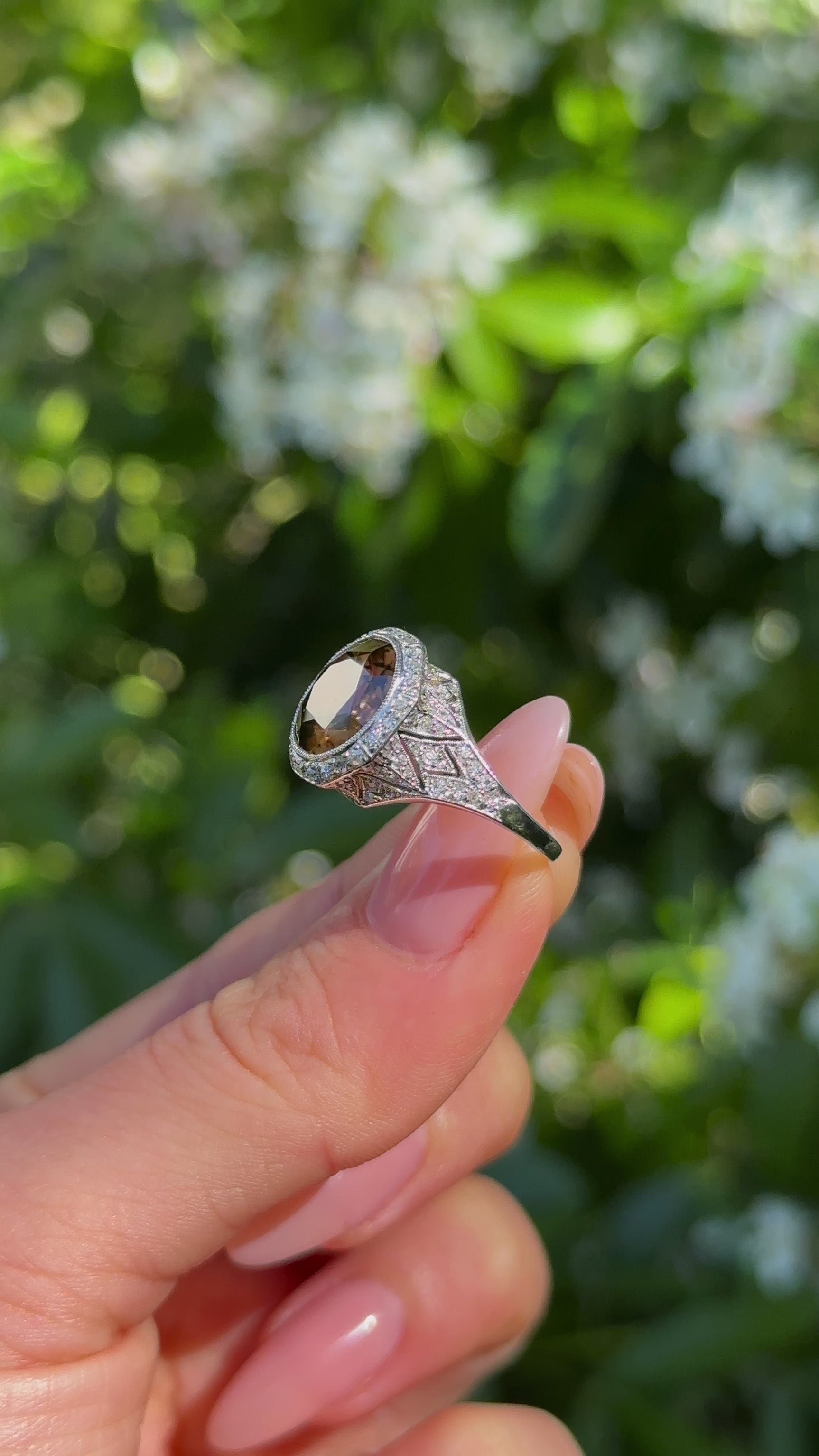 Vintage, Art Deco Brown Zircon and Diamond Ring, Platinum.