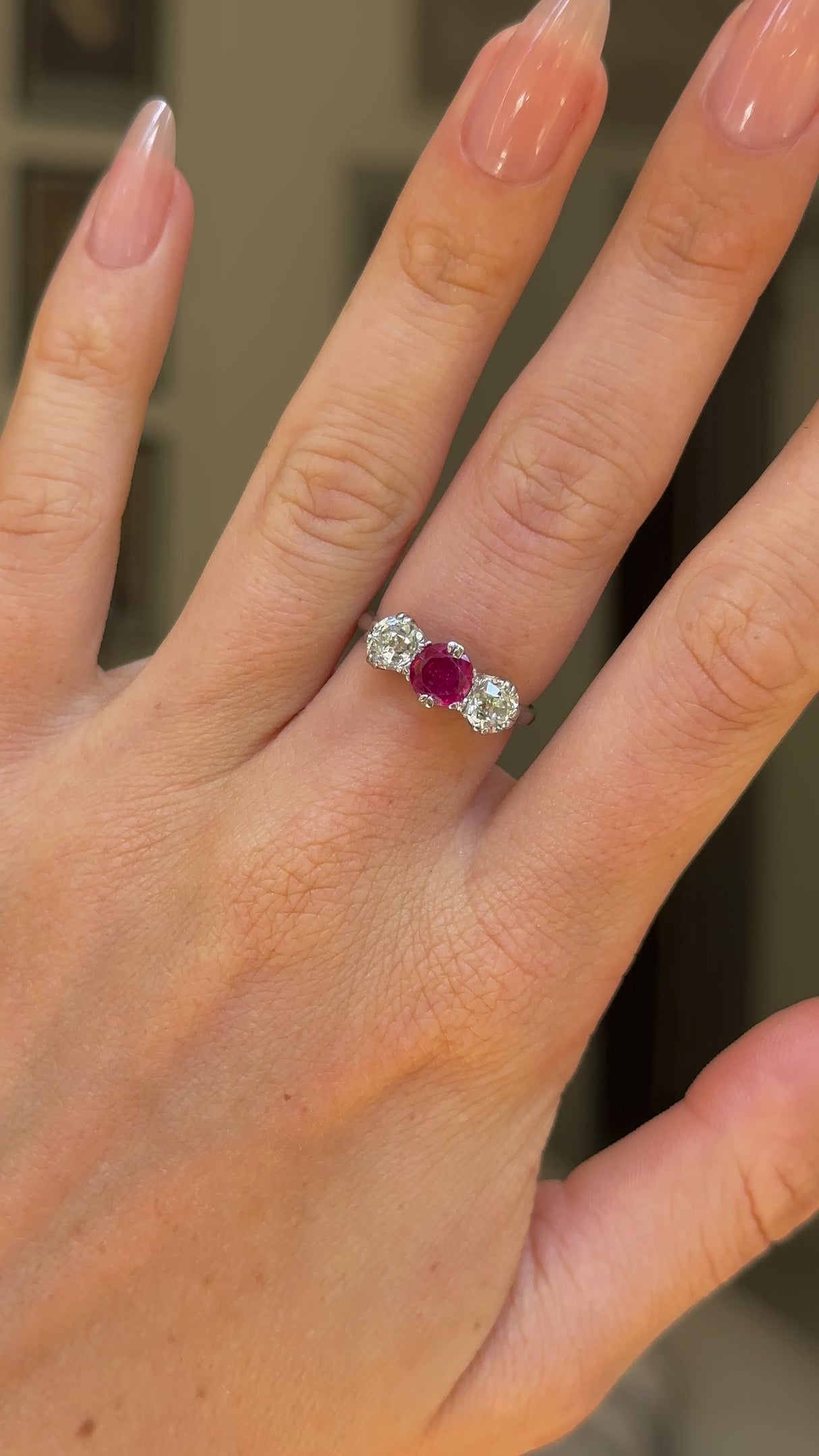 Art Deco, Burmese Ruby and Diamond Three Stone Engagement Ring, 18ct White Gold, Platinum
