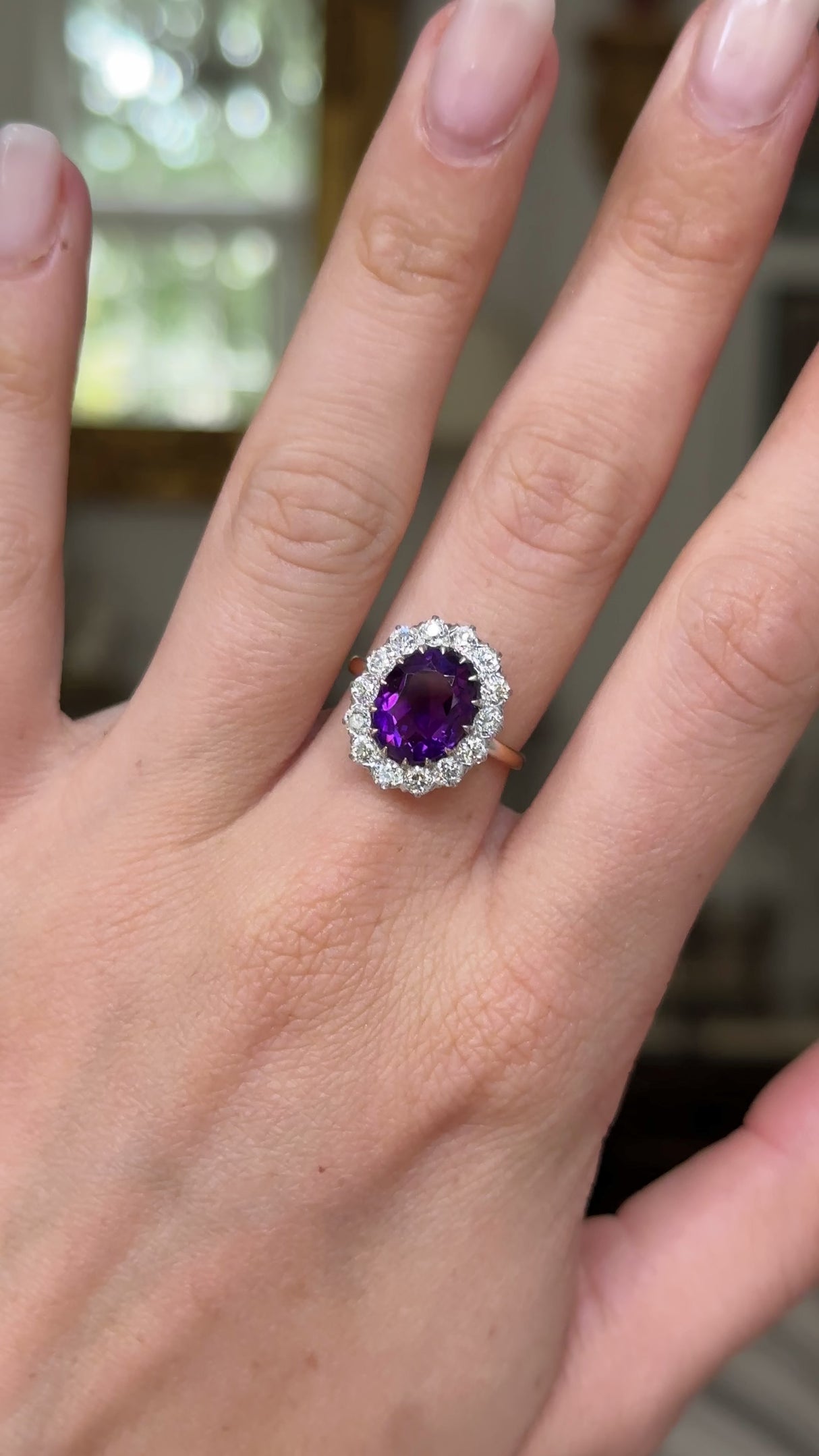 Antique, Edwardian amethyst and diamond cluster ring, 18ct yellow gold