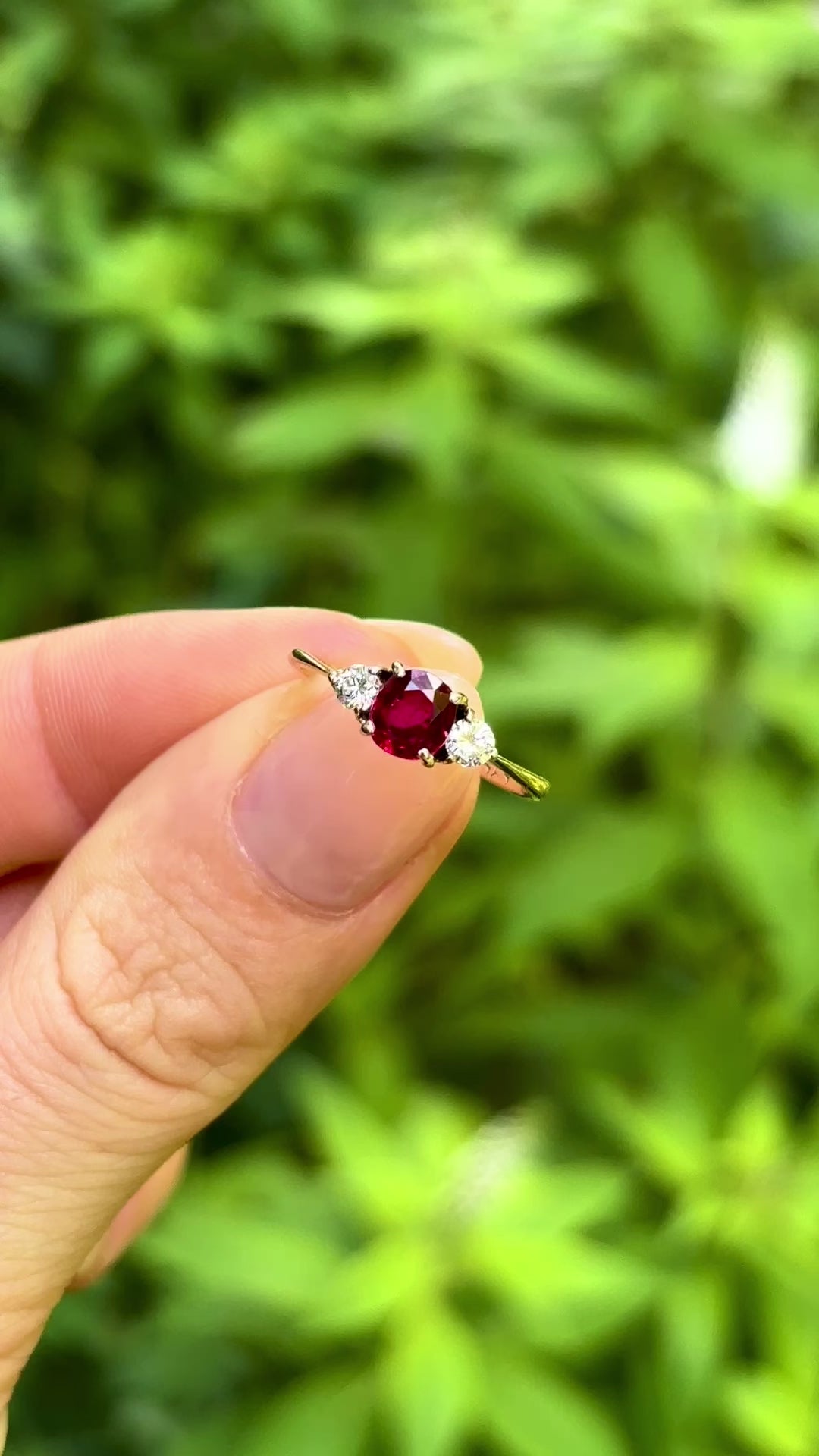 Vintage, Art Deco ruby & diamond three stone ring, 14ct yellow gold