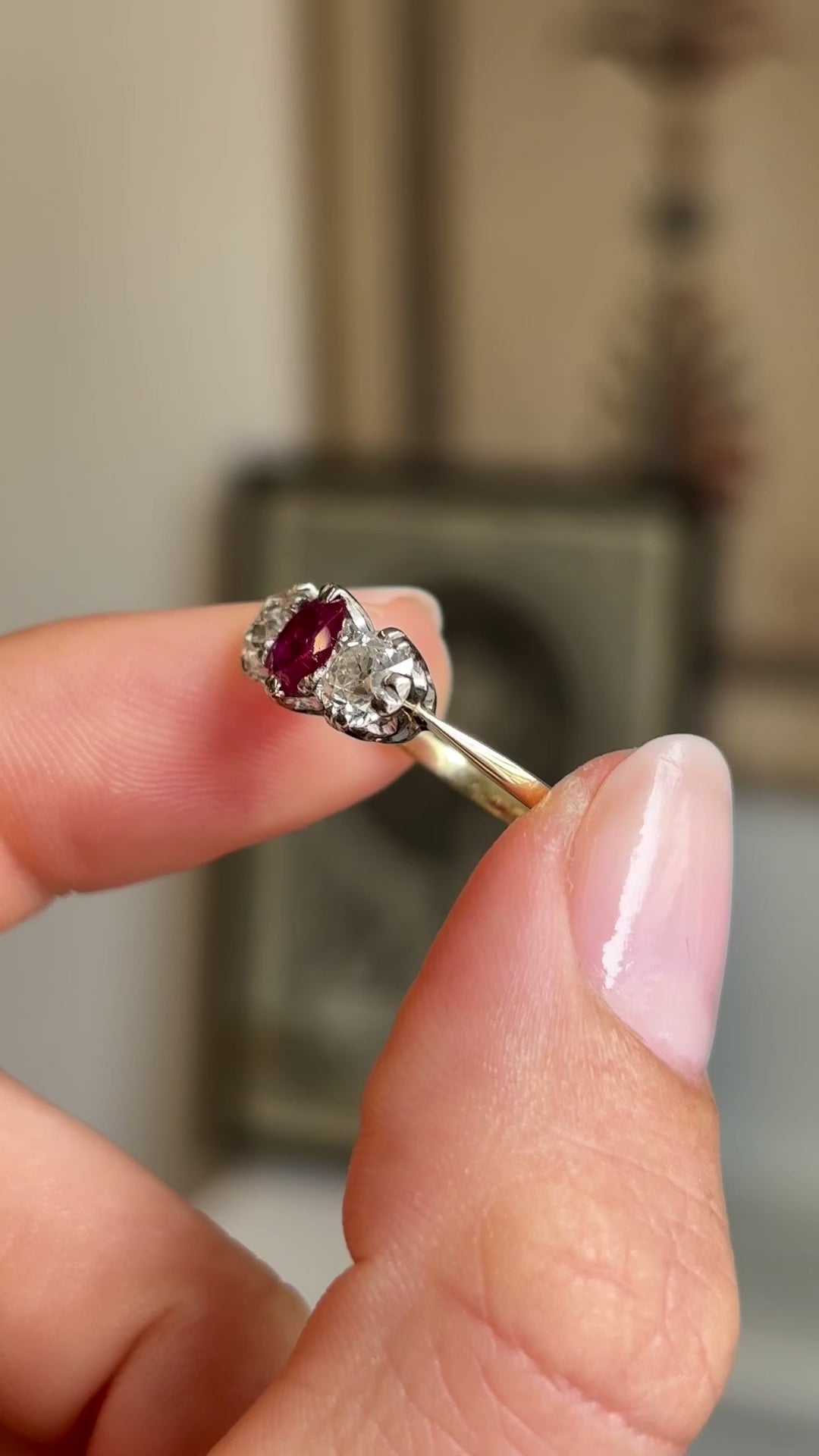 Antique, Edwardian Burmese ruby and diamond three-stone engagement ring